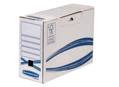 Fellowes BANKERS BOX Archivschachtel – für A4/A4+, B 197 × H 250 × T 325 mm, mit Verschlusslasche, blau/weiss