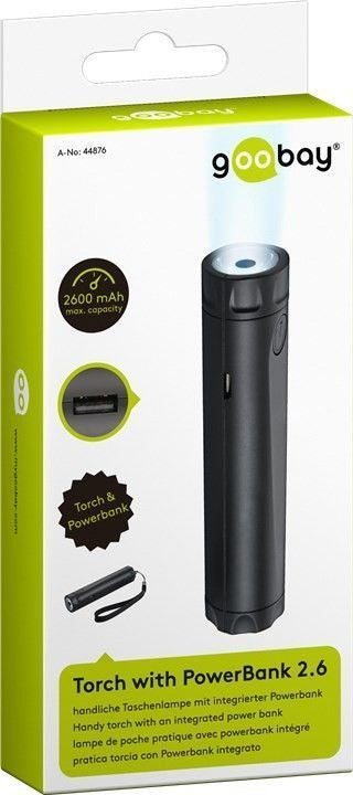 Goobay Powerbank 2600 mAh, 1× USB-A, mit Taschenlampe, für Smartphones, Tablets, schwarz