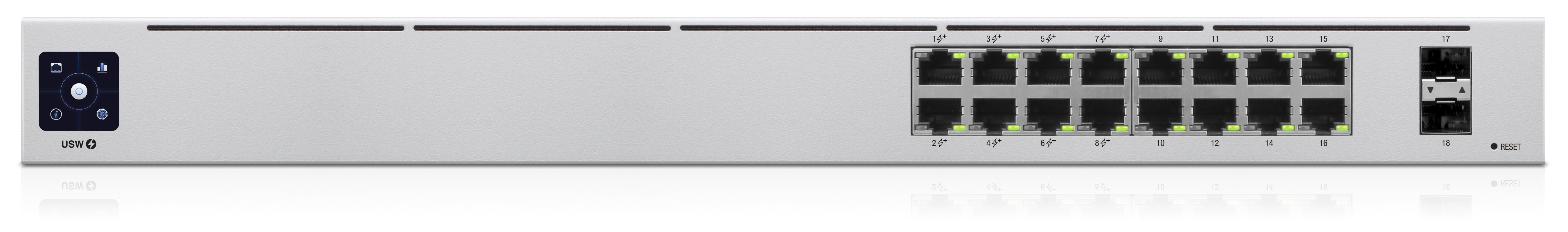 Ubiquiti UniFi – Managed Switch – 16×GbE, 2×SFP, L2/L3, PoE+ 48 W, 1U
