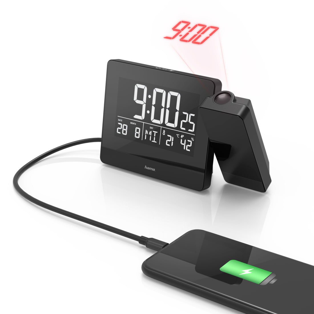Hama Projektionswecker – Funk, Thermometer, 15 × 9,5 × 4,5 cm, Schwarz
