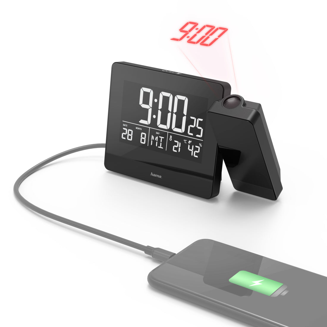 Hama Projektionswecker – Funk, Thermometer, 15 × 9,5 × 4,5 cm, Schwarz