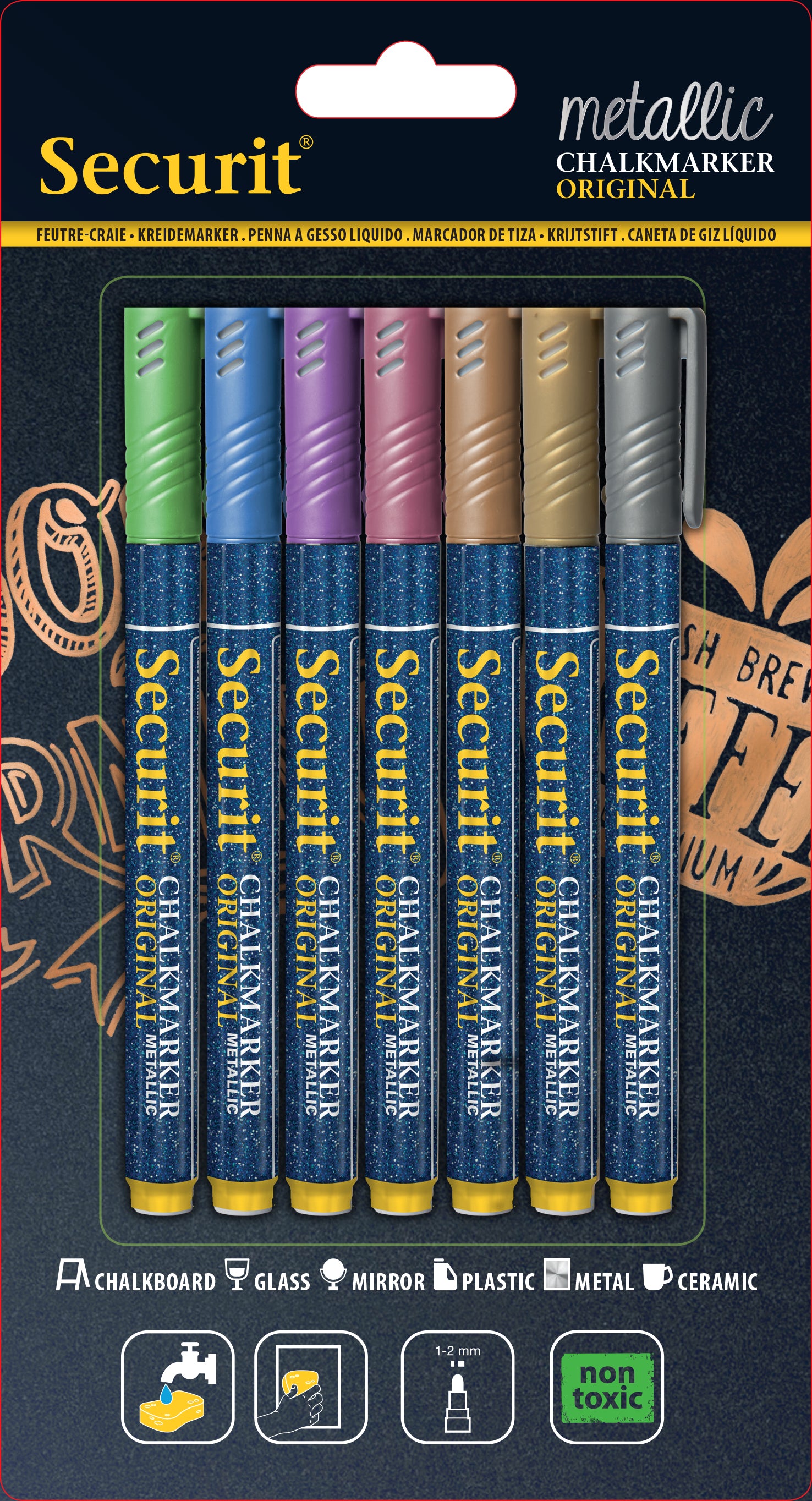 Securit BL-SMA100-V7-MT Kreidemarker – 1–2 mm – 7er-Set, Gemischte Farben, für Glas/Metall/Kunststoff
