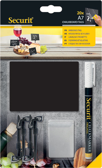 Securit Tischkreidetafel TAG-A7 – 105 × 74 mm – schwarz – für Kreide – Tisch, tragbar – 20 Stk.