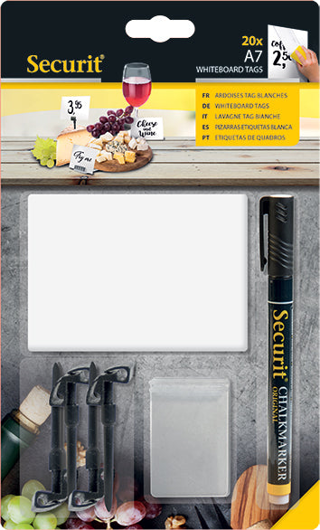 Securit Minikreidetafel TAG-A7 – 105 × 74 mm – Kunststoffoberfläche, Weiss – Für Kreide – Inkl. Kreidestift