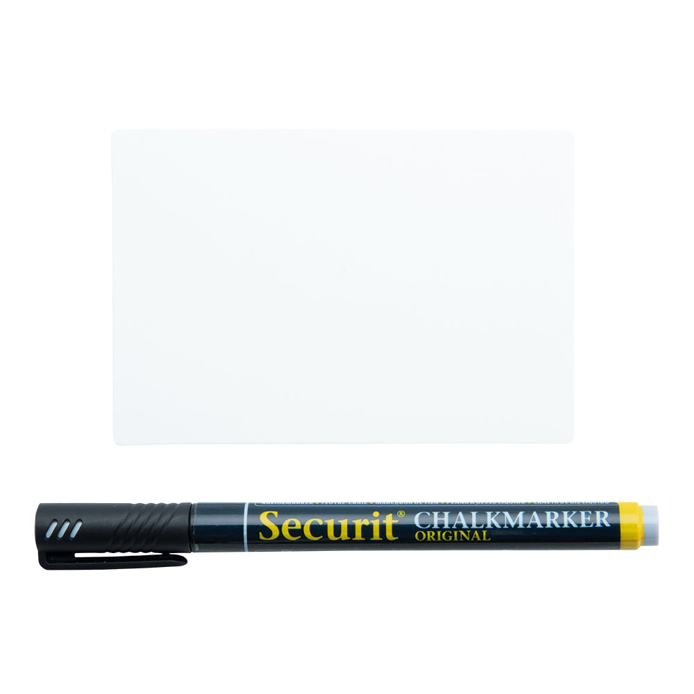 Securit Minikreidetafel TAG-A7 – 105 × 74 mm – Kunststoffoberfläche, Weiss – Für Kreide – Inkl. Kreidestift