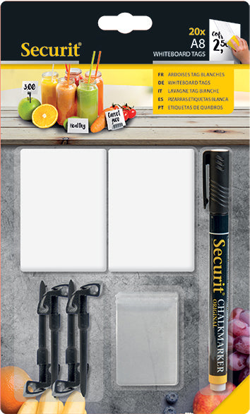 Securit Tischkreidetafel TAG-A8-BL – 74 × 52 mm – Kunststoff, weiss – Tisch – inkl. Marker