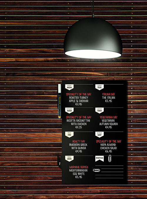 Securit Kreidetafel – 300 × 450 mm – Melamin (beschichtet), schwarz – beidseitig nutzbar – Wandmontage, inkl.