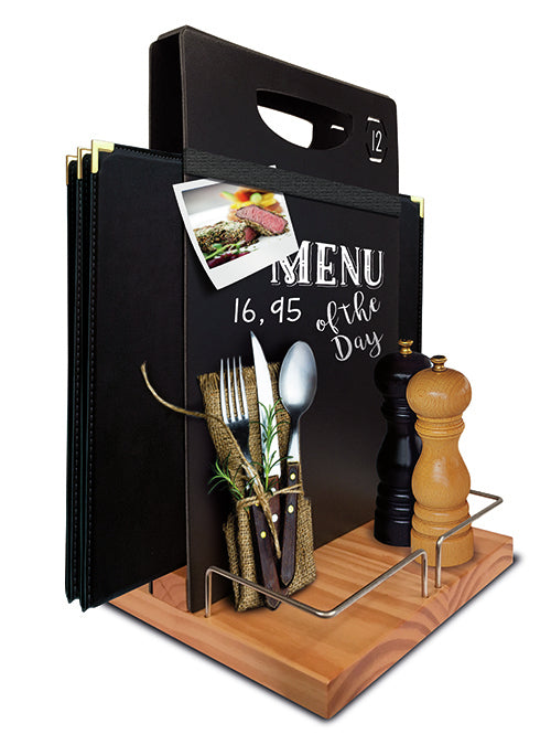 Securit Tischprospekthalter – freistehend, mit Kreidetafel – Metall, Holz, schwarz, silber – Table Caddy