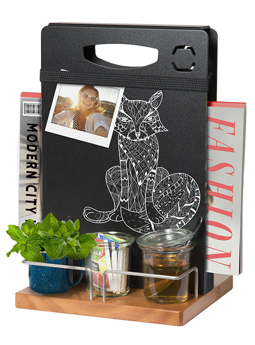 Securit Tischprospekthalter – freistehend, mit Kreidetafel – Metall, Holz, schwarz, silber – Table Caddy
