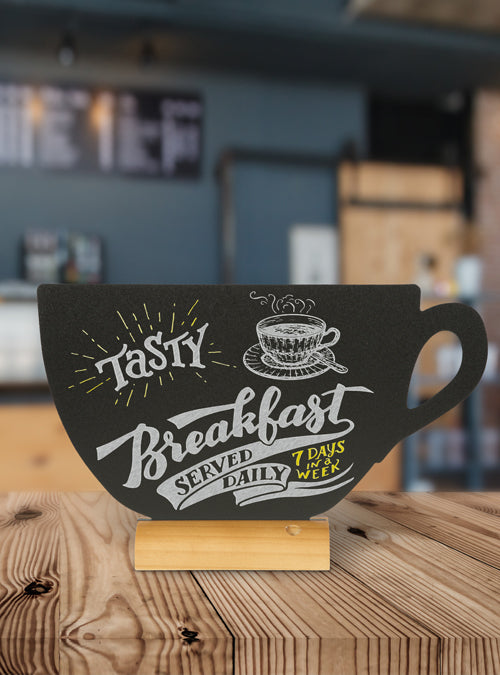 Securit Tischkreidetafel Silhouette Tasse – 330 × 220 mm – Holzfuss, Schwarz – für Kreidemarker