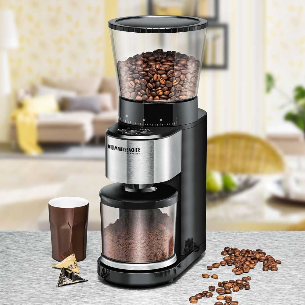 Rommelsbacher Kaffeemühle EMK500 – Kegelmahlwerk, 400 g, LED-Display, Schwarz