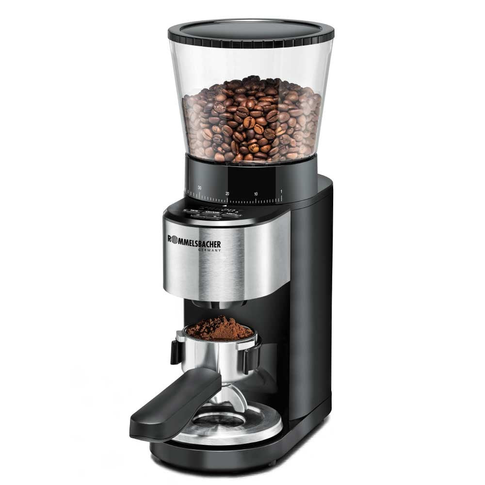 Rommelsbacher Kaffeemühle EMK500 – Kegelmahlwerk, 400 g, LED-Display, Schwarz