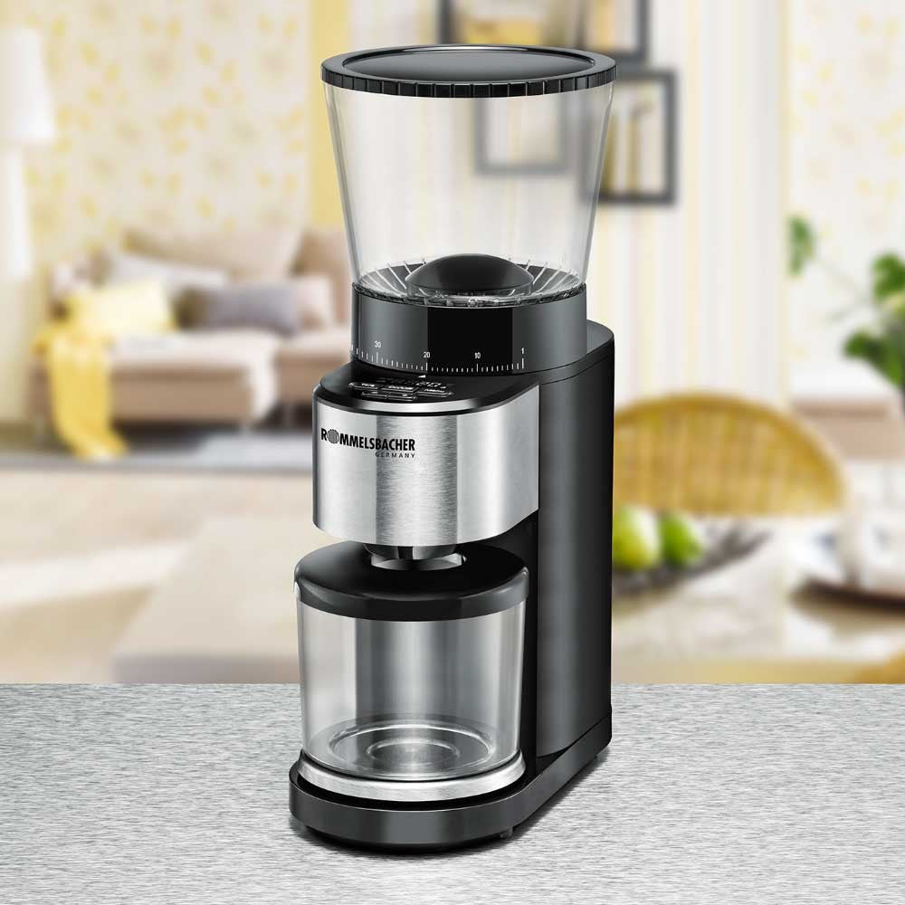 Rommelsbacher Kaffeemühle EMK500 – Kegelmahlwerk, 400 g, LED-Display, Schwarz