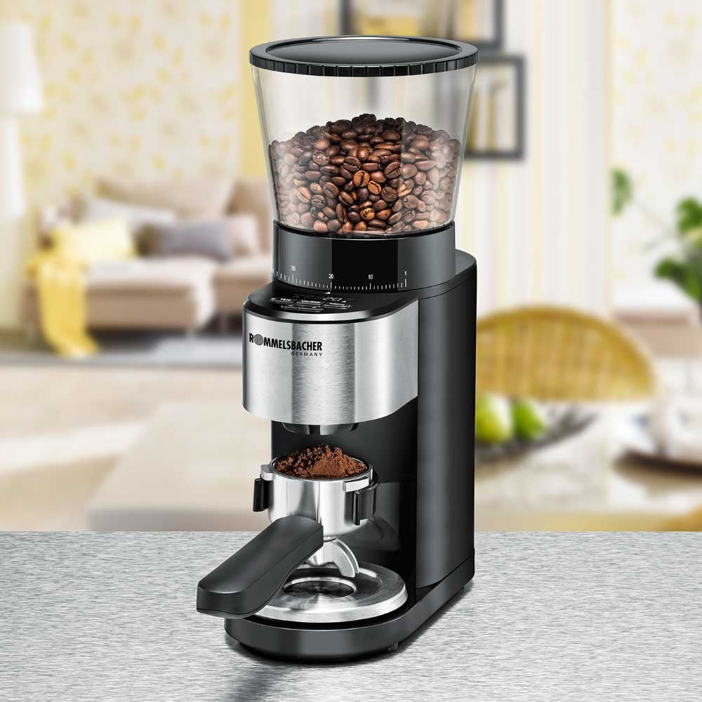Rommelsbacher Kaffeemühle EMK500 – Kegelmahlwerk, 400 g, LED-Display, Schwarz