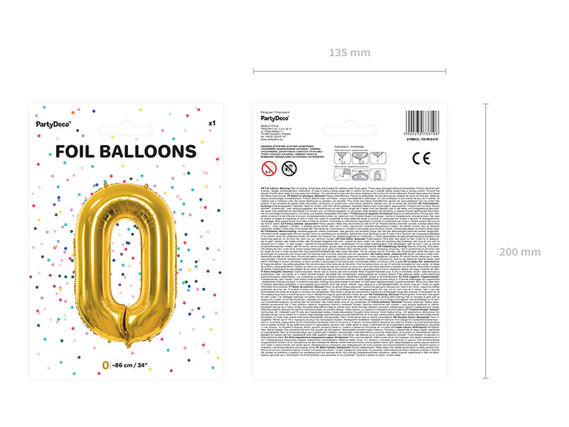 PartyDeco Folienballon Zahl 0 – Gold – 86 cm – Folie – 1 Stück – mit Helium befüllbar