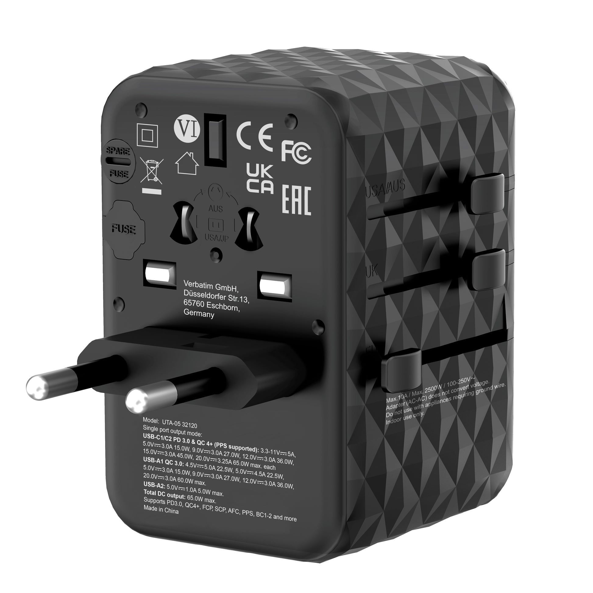 Verbatim Reiseadapter – UTA-05 GaN III Universal, PD 65 W, QC 4+, 2× USB-A, 2× USB-C, Schwarz
