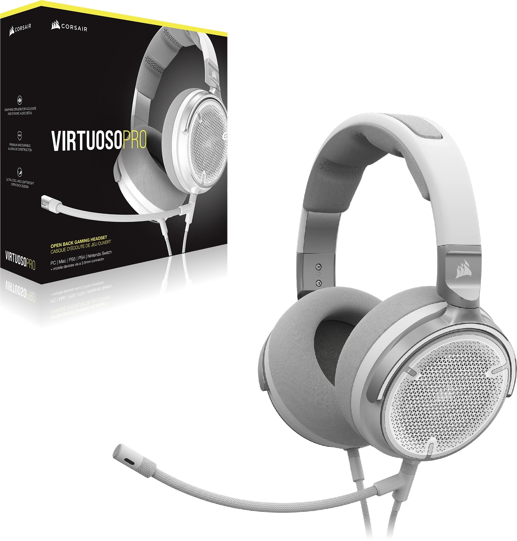 Corsair Virtuoso Pro – Duo Headset, Over-Ear – 3,5 mm Klinke, abnehmbares Mikrofon – Weiss – für PC