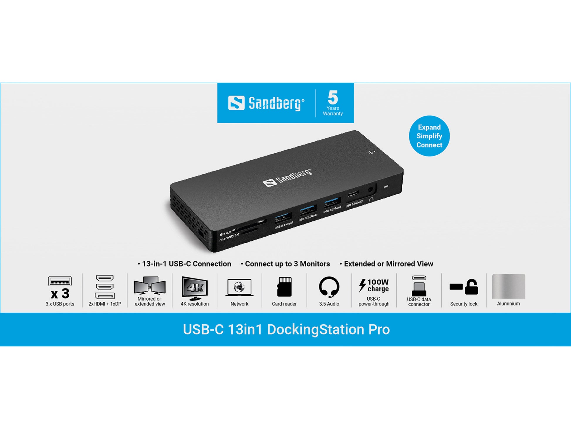 Sandberg 136-61 Dockingstation – USB-C, 1× DP, 2× HDMI, 3× USB-A, 1× USB-C, 100 W PD, GbE
