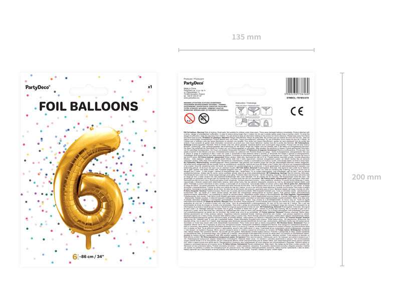 PartyDeco Folienballon Zahl 6 – Gold – 86 cm – Folie – 1 Stk