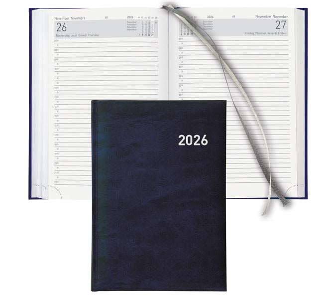 Biella Executive Agenda – 1 Tag pro Seite, gebunden, 14,5 × 20,5 cm, 2026, 1/2-Stunden-Takt, dunkelblau, FSC