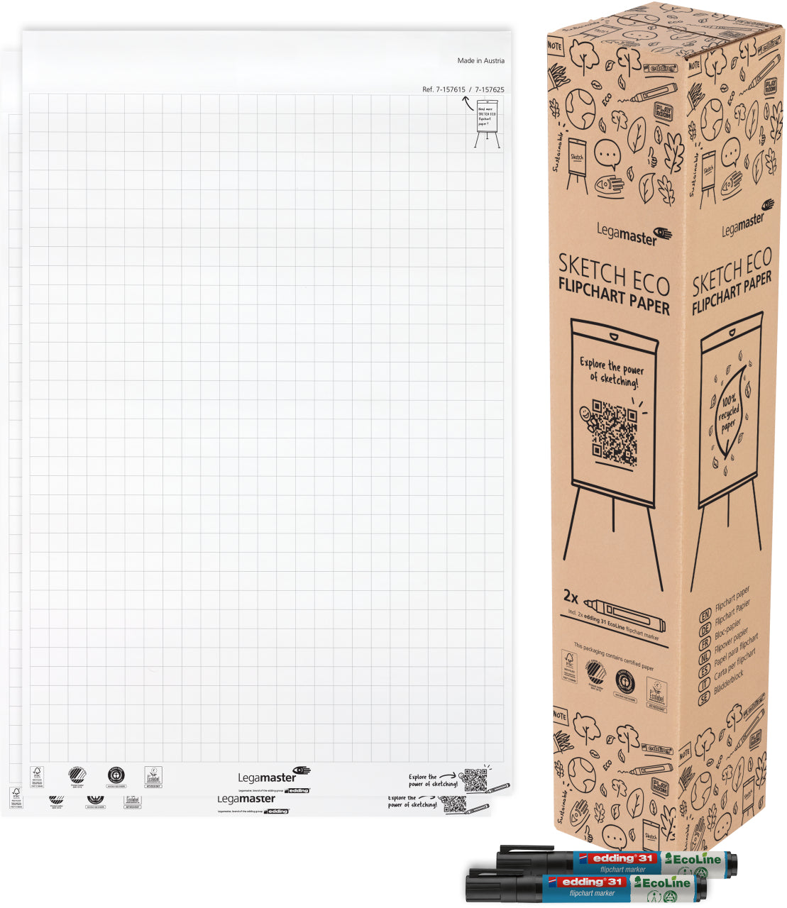 Legamaster Sketch Eco Flipchart – 65 × 98 cm, 2 × 50 Blatt, Hochweiss