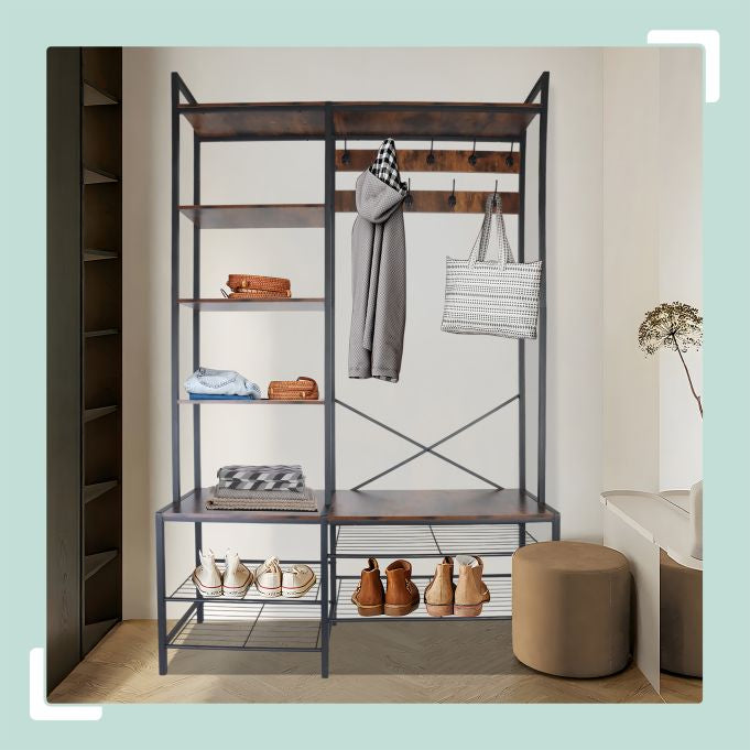 Relaxdays Garderobenständer – Stahl/MDF, Schwarz/Dunkelbraun, 120 × 40 × 190 cm