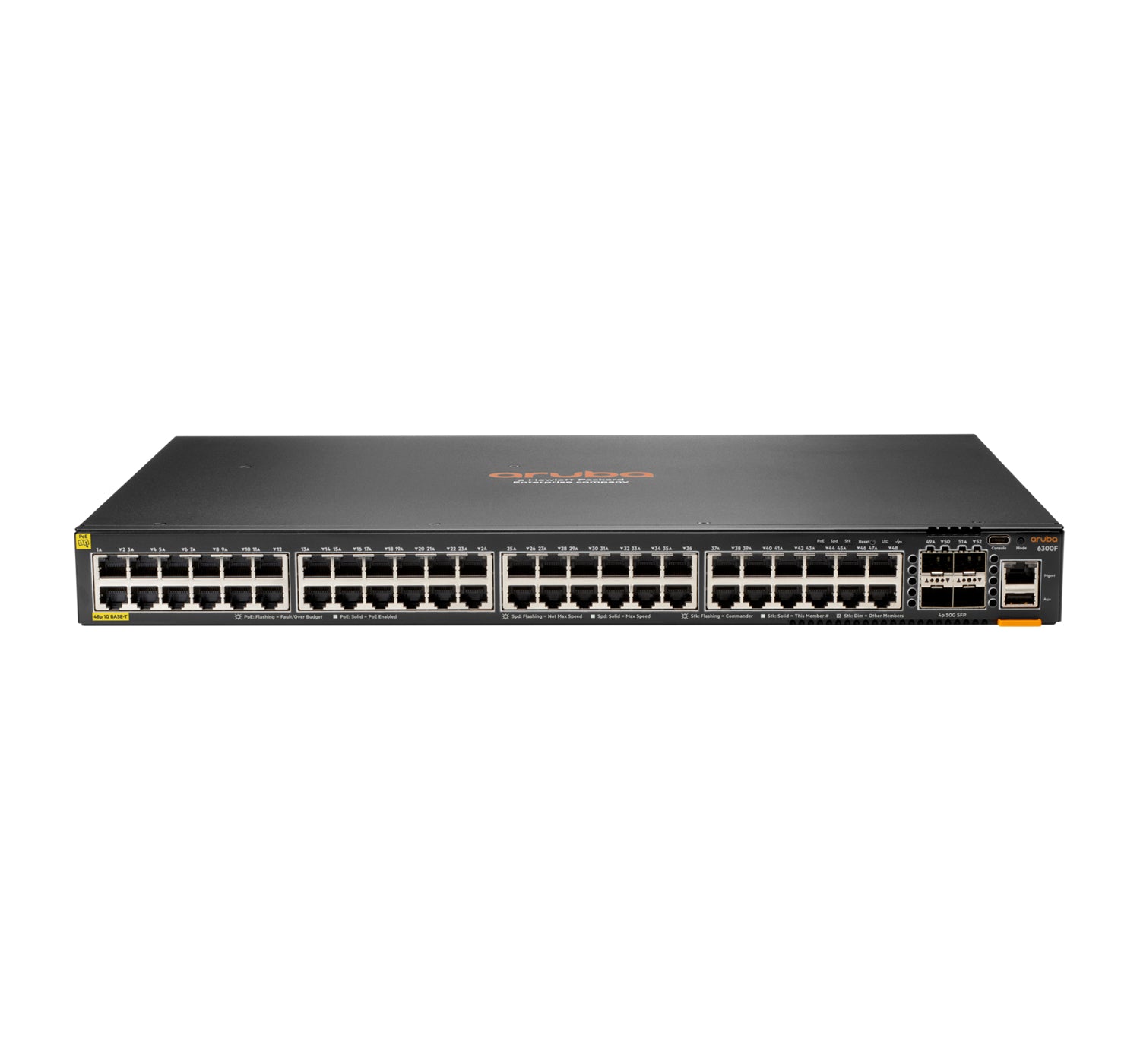 HPE Aruba 6300F – Managed Switch – 48×GbE, 4×SFP56, L3, PoE+ 740 W, 1U