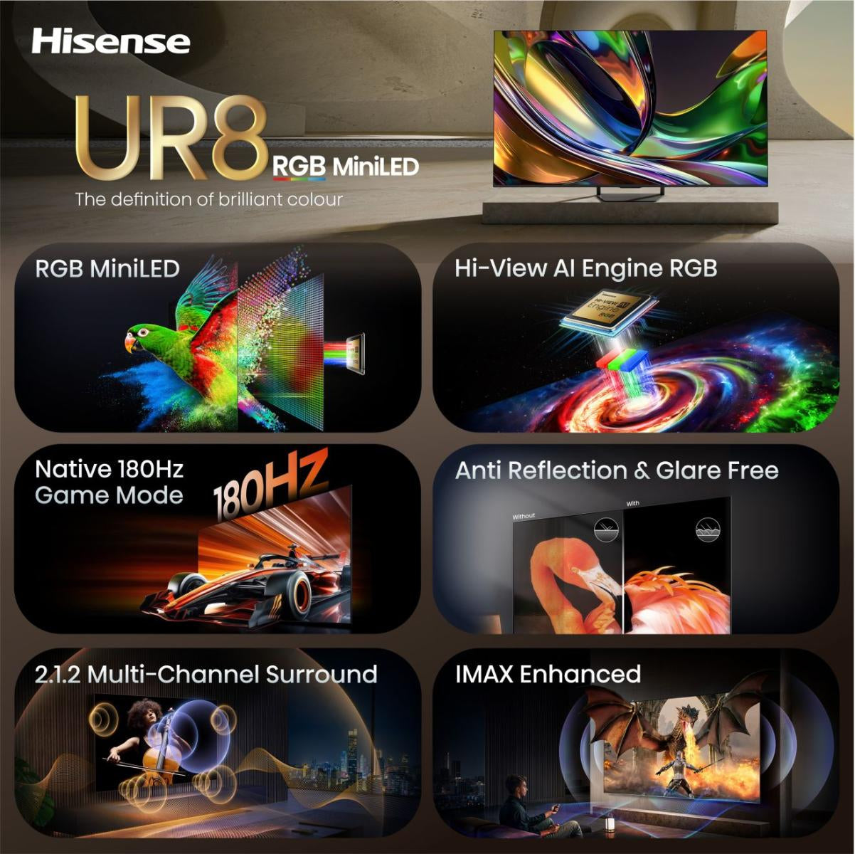 Hisense 55UR8DS – 55" TV – 4K UHD – QD-Mini LED – VIDAA – 180 Hz – Dolby Vision IQ
