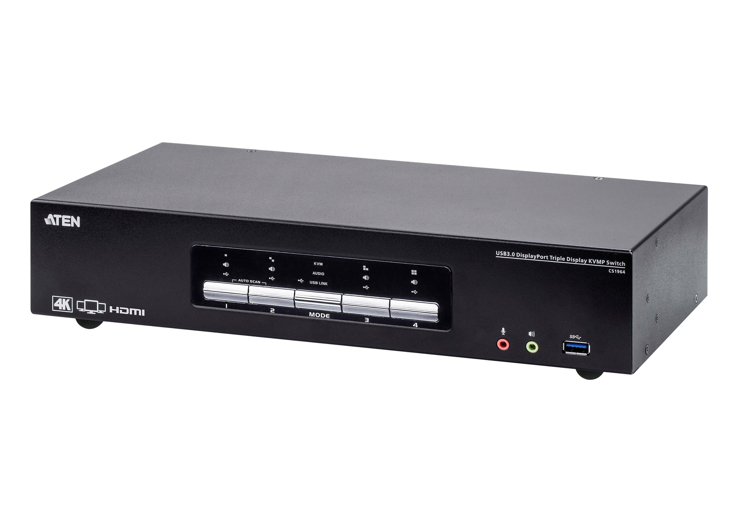 ATEN CS1964 – 4-Port DP KVM-Switch, Dreifach-Display – 4K/60 Hz, USB 3.0-Hub, Audio