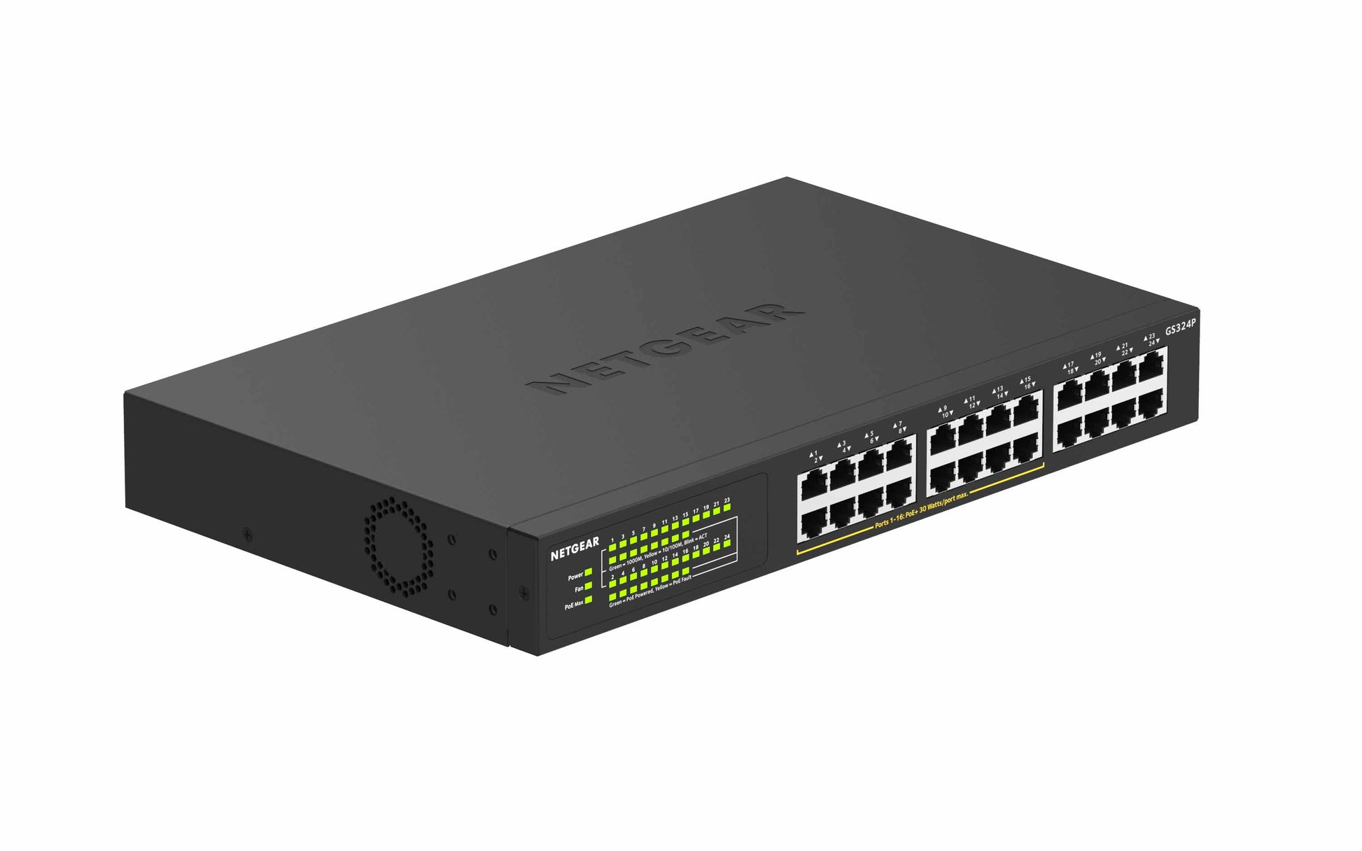 NETGEAR GS324P – Unmanaged Switch – 24× 1G, PoE+, PoE-Budget 190 W, 19", 1U