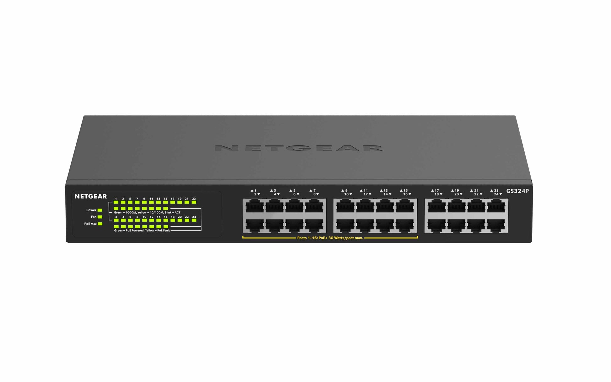 NETGEAR GS324P – Unmanaged Switch – 24× 1G, PoE+, PoE-Budget 190 W, 19", 1U