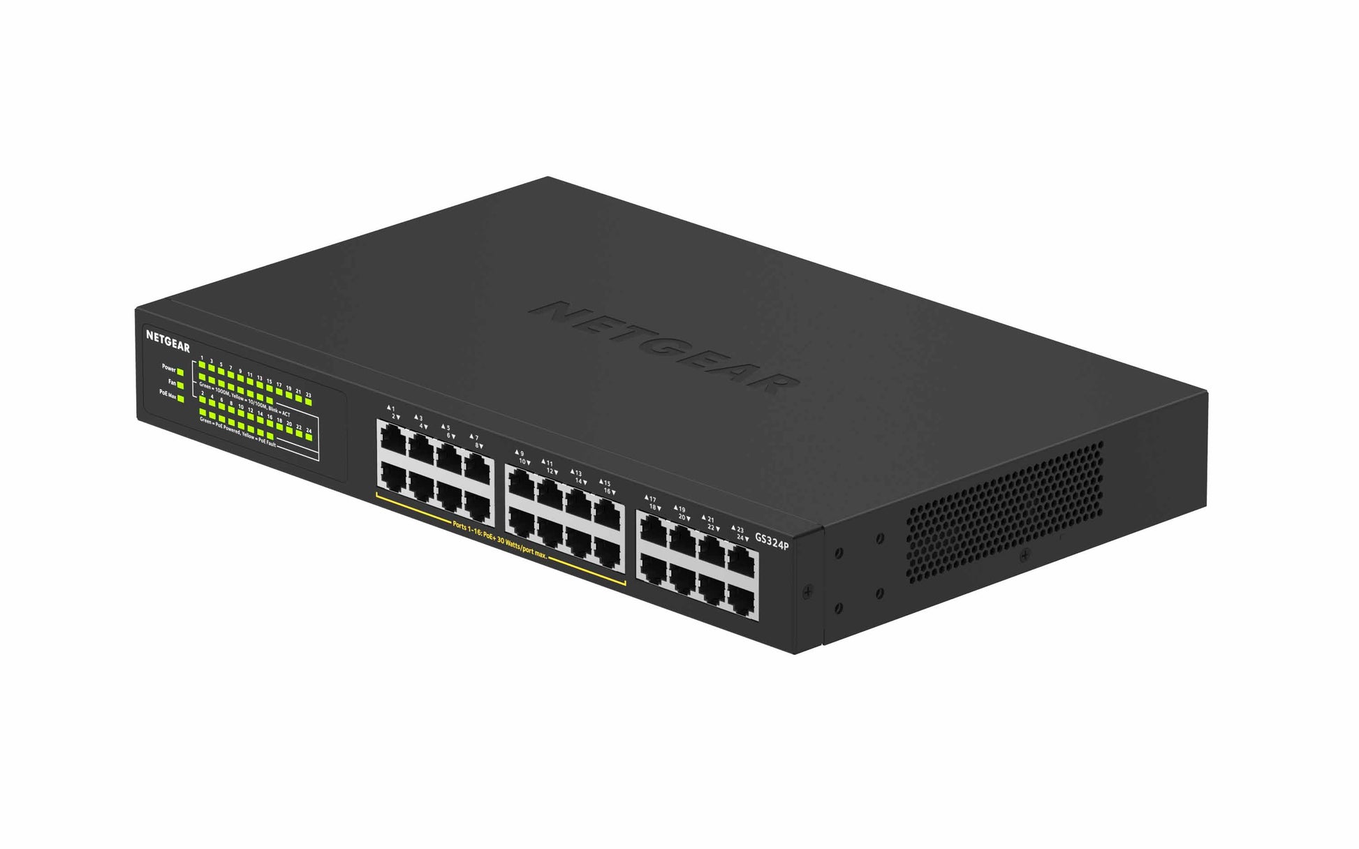 NETGEAR GS324P – Unmanaged Switch – 24× 1G, PoE+, PoE-Budget 190 W, 19", 1U