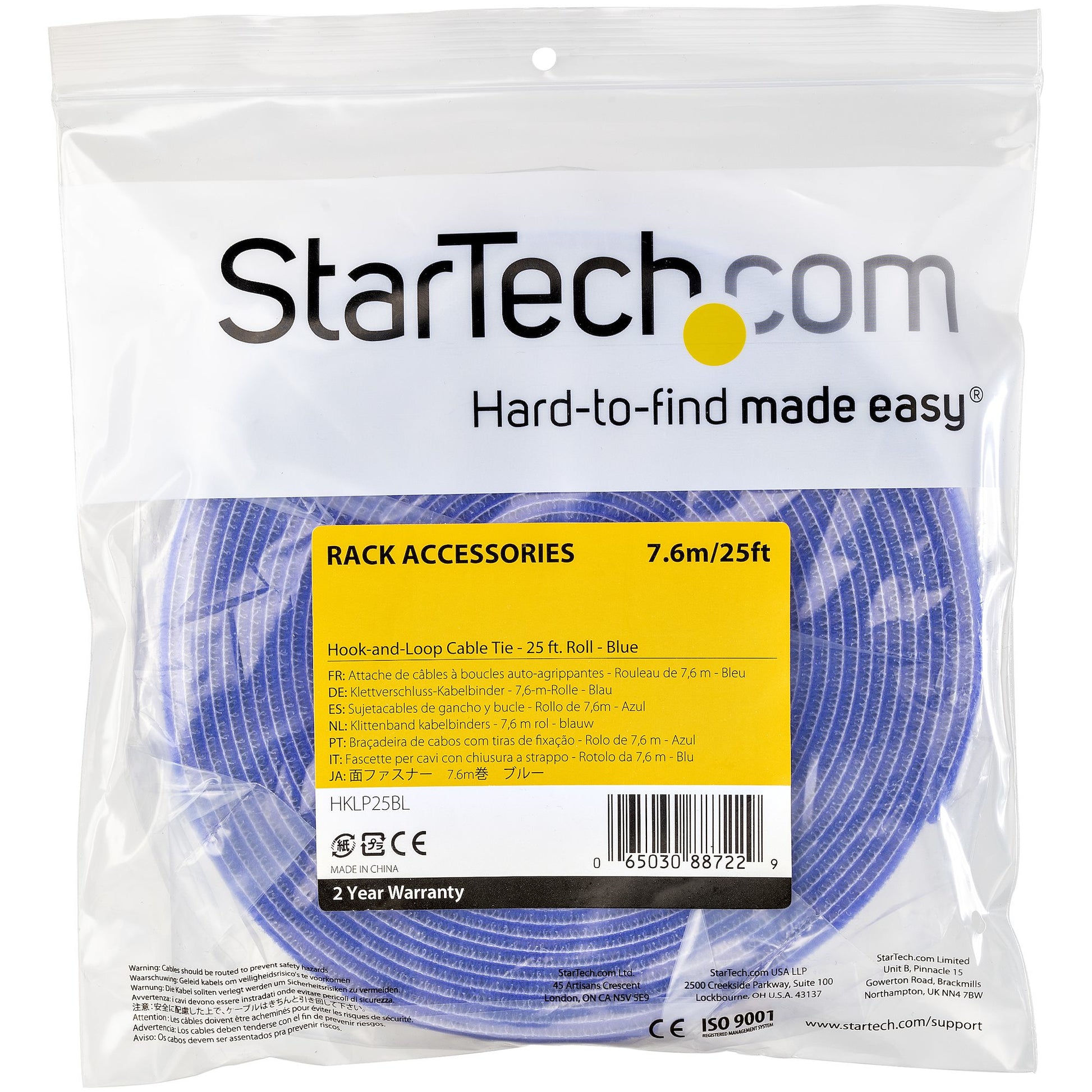 StarTech.com Kabelbinder mit Klettverschluss – 7'600 × 19 mm – 1 Stück, Nylon, Blau, wiederverwendbar