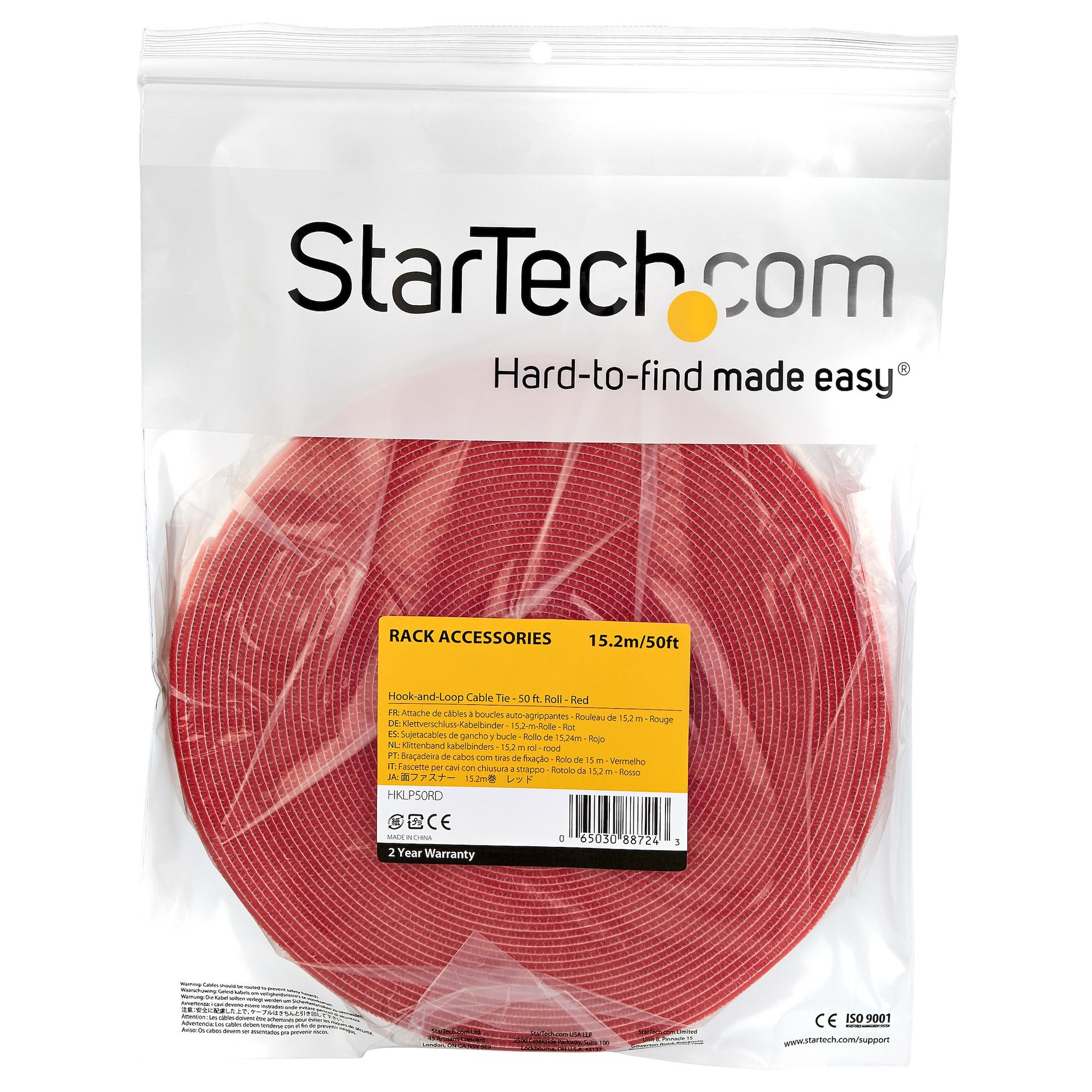 StarTech.com Klettband – 15,24 m, Rot, wiederverwendbar