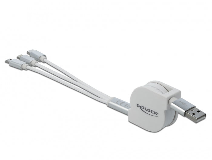 DeLOCK Multi-Kabel – 3-in-1 USB-A auf USB-C/Micro-USB/Lightning 0,98 m, aufrollbar – für iPhone/Android