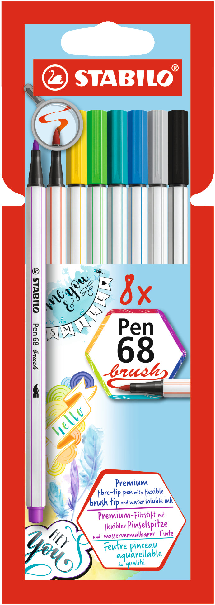 STABILO Pen 68 Brush Filzstifte – Pinselspitze, 1 mm, wasservermalbar, 8 Farben