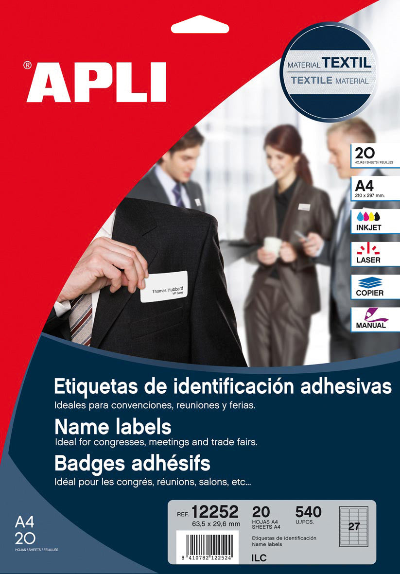 APLI 12252 – Etiketten A4 64 × 30 mm – Papier, weiss – wiederablösbar – Laser/Inkjet – 27 pro Blatt, 20 Blätter