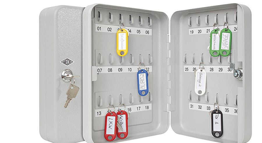 Wedo 102 53637X – Schlüsselschrank, für 36 Schlüssel, Zylinderschloss, Stahlblech, Grau, 180 × 60 × 250 mm
