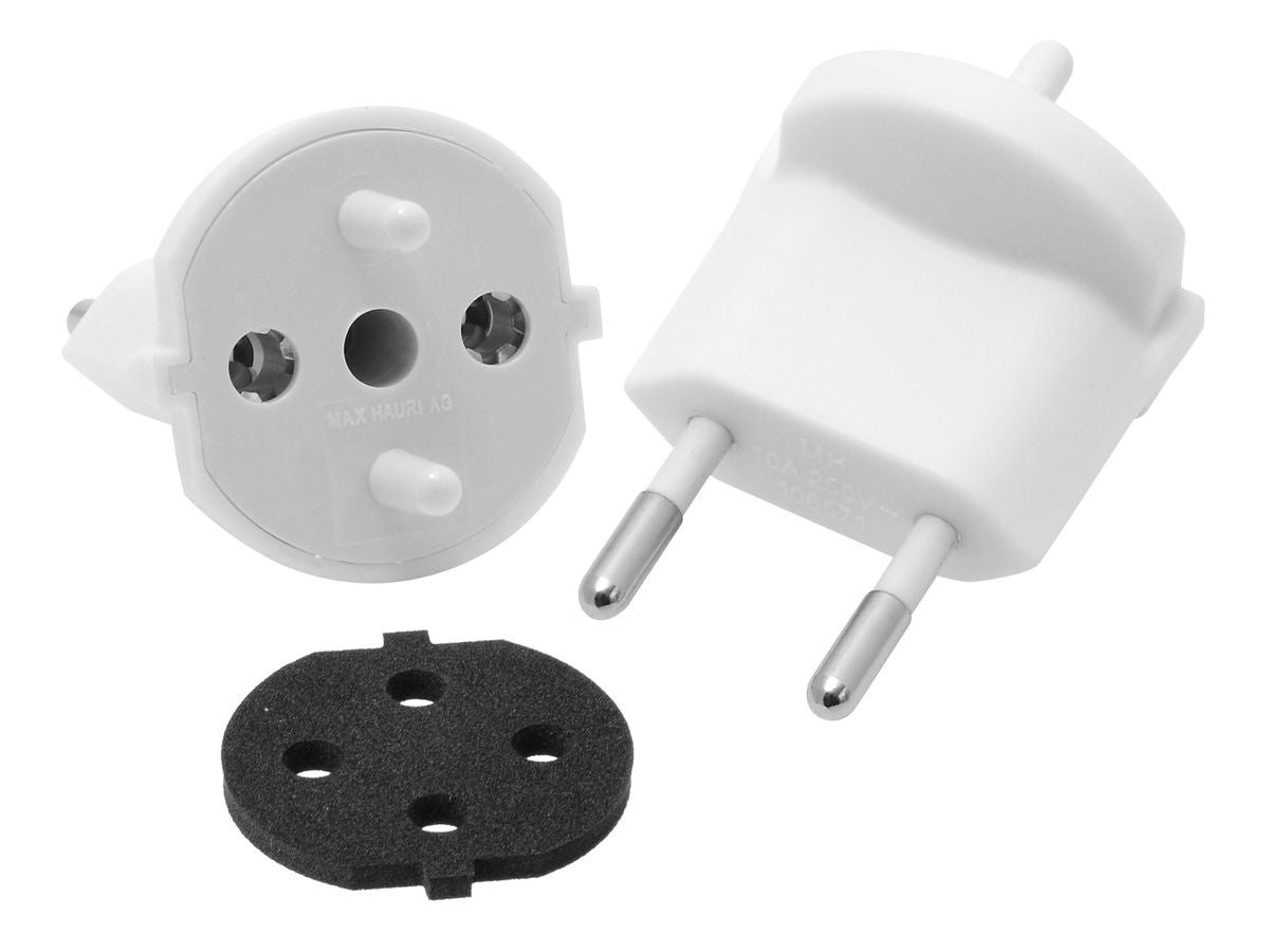 Max Hauri AG Fixadapter Schuko (Typ F) zu CH-Stecker (T11) – 10 A, 2-polig, IP44, Weiss