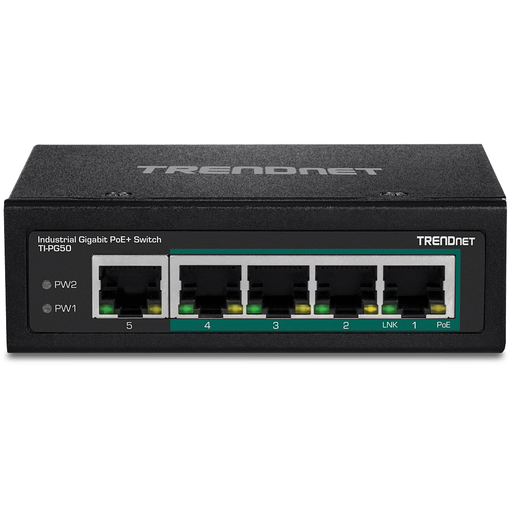 TRENDnet TI-PG50 – Unmanaged L2/L3 Switch – 4× 1G PoE+, 1× 1G, PoE-Budget 120 W, DIN-Rail