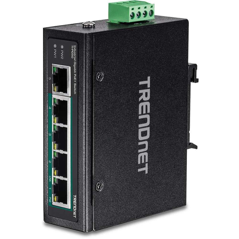 TRENDnet TI-PG50 – Unmanaged L2/L3 Switch – 4× 1G PoE+, 1× 1G, PoE-Budget 120 W, DIN-Rail
