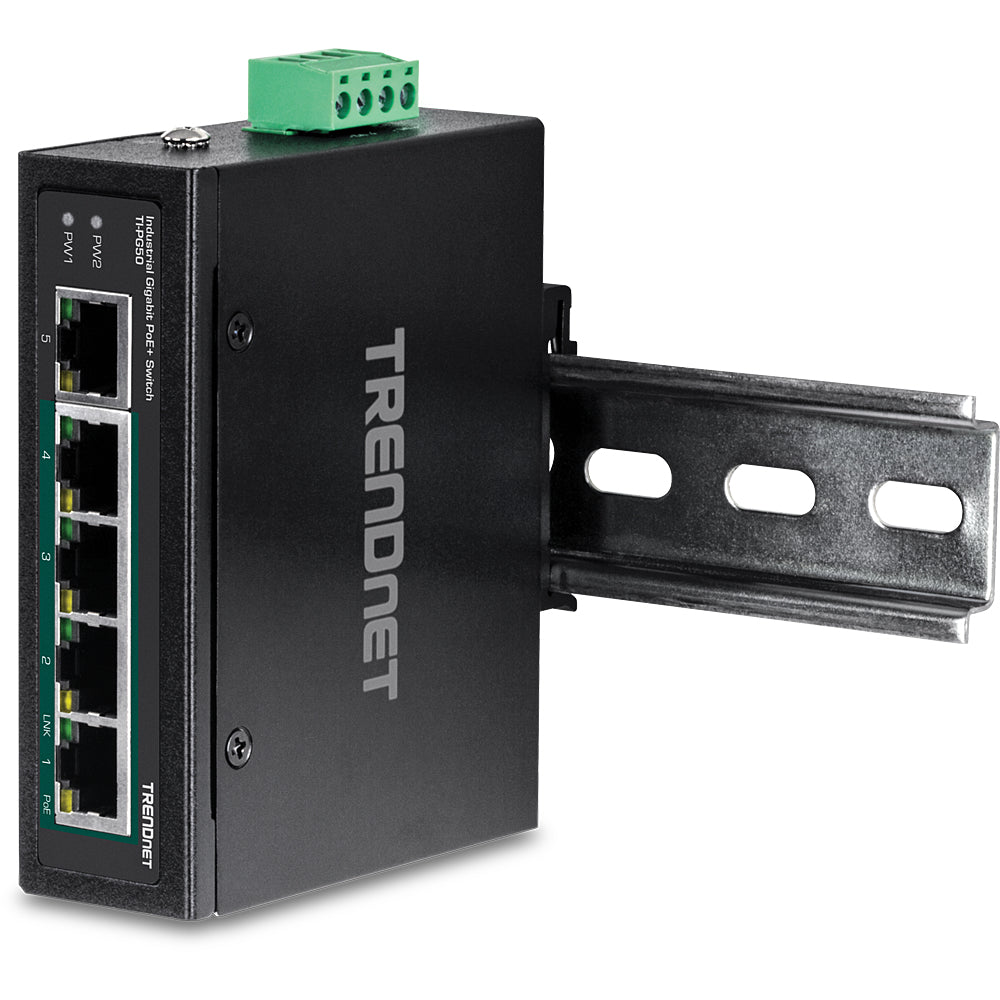 TRENDnet TI-PG50 – Unmanaged L2/L3 Switch – 4× 1G PoE+, 1× 1G, PoE-Budget 120 W, DIN-Rail