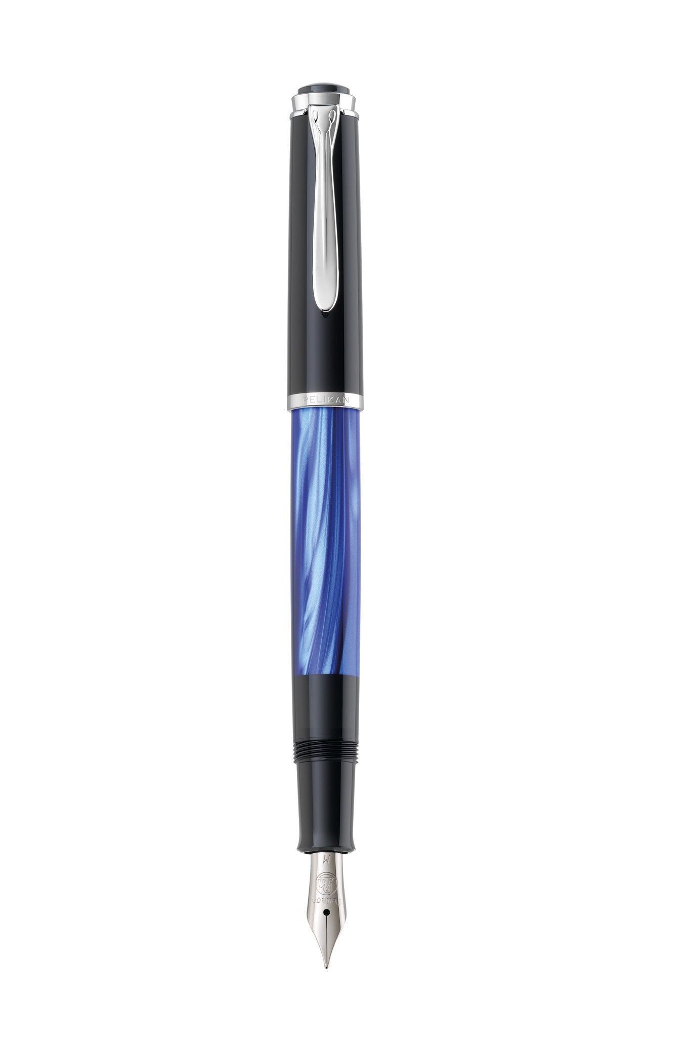 Pelikan M 205 Silberne Zierteile – Federspitze B – Blau marmoriert – Kolbenmechanik – Edelstahl-Feder