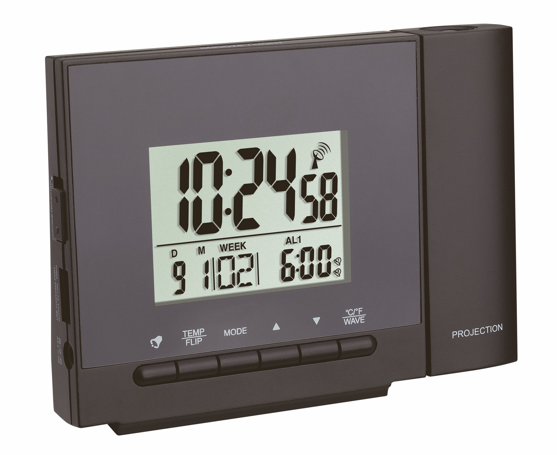 TFA-Dostmann TFA Dostmann Projektionswecker – Funk, Thermometer, USB, 12,6 × 9,3 × 5,3 cm, Schwarz, Kunststoff