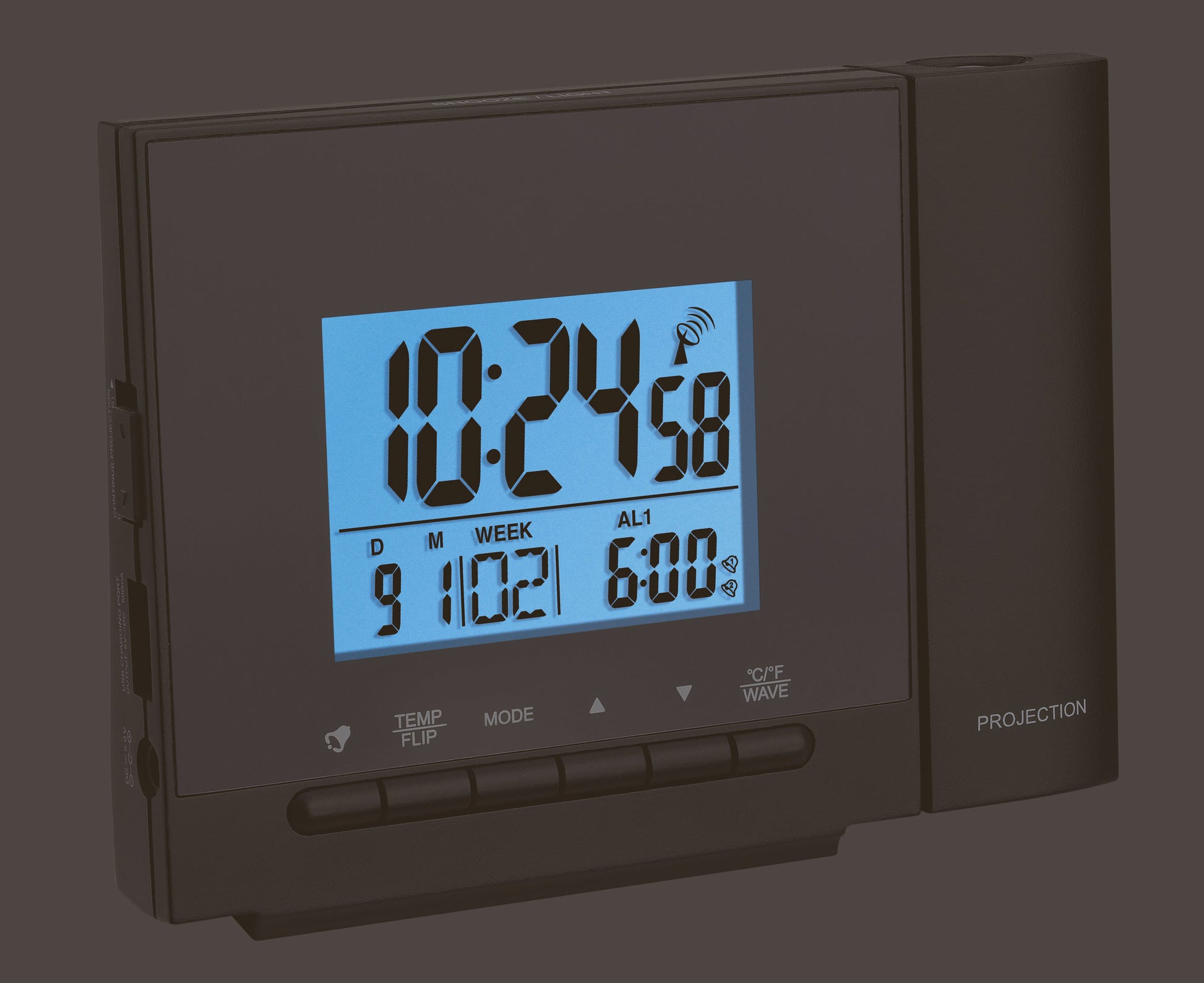 TFA-Dostmann TFA Dostmann Projektionswecker – Funk, Thermometer, USB, 12,6 × 9,3 × 5,3 cm, Schwarz, Kunststoff