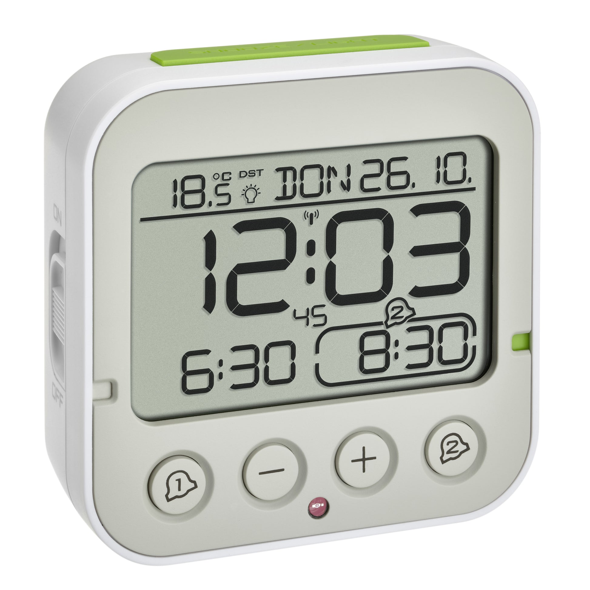 TFA-Dostmann Wecker BINGO 2.0 Funk – digital – 9,5 × 9,6 × 4,1 cm, weiss, Kunststoff, Thermometer, Datum