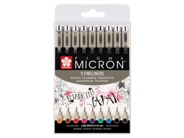 Sakura Pigma Micron Fineliner – 9er-Set – 0,45 mm – 9 Farben, sortiert – wasserfest