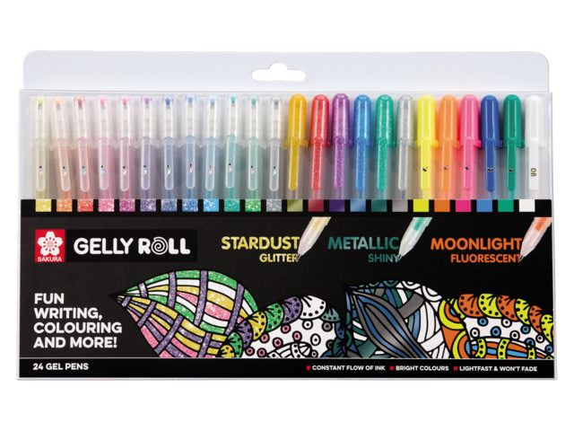 Sakura Gelschreiber 24er Set – 24 Farben, 0,5 mm, lichtbeständig, schnelltrocknend, für dunkles Papier, Kappe