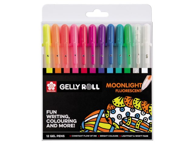 Sakura Moonlight Fluoreszierender Gelschreiber 12er Set – 12 Farben, 0,5 mm, für dunkles Papier, Kappe