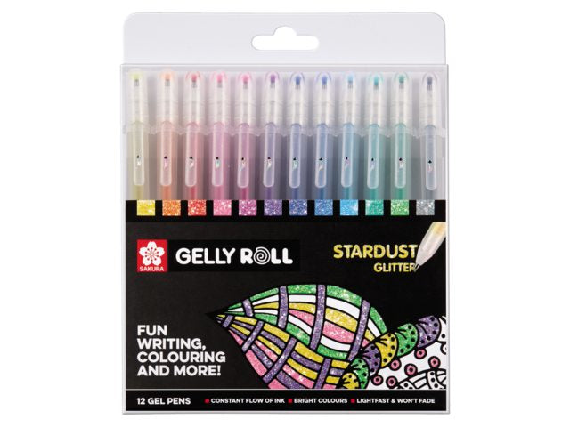 Sakura Stardust Glitzer Gelschreiber 12er Set – 12 Farben, 0,5 mm, Kappe, schnelltrocknend, für dunkles Papier
